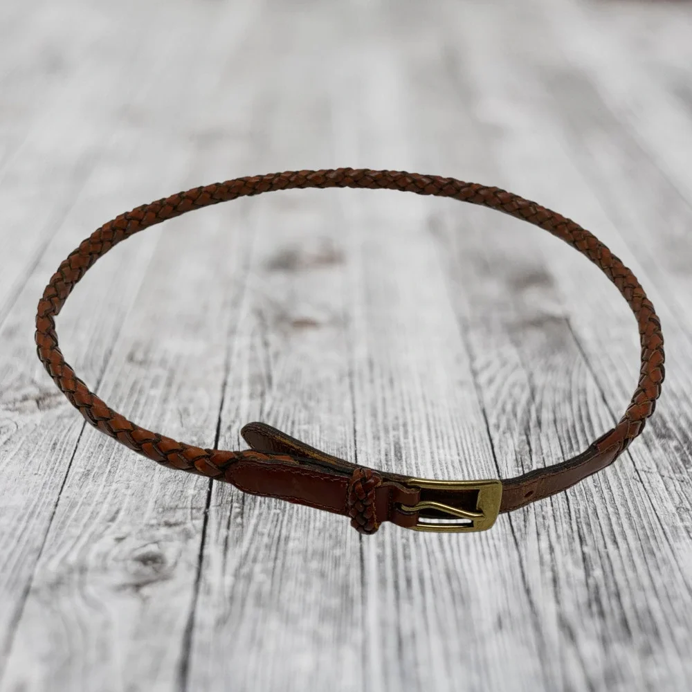 Vintage Fossil Brown Braided Skinny Belt Women Sz L Western Southwestern Cowgirl